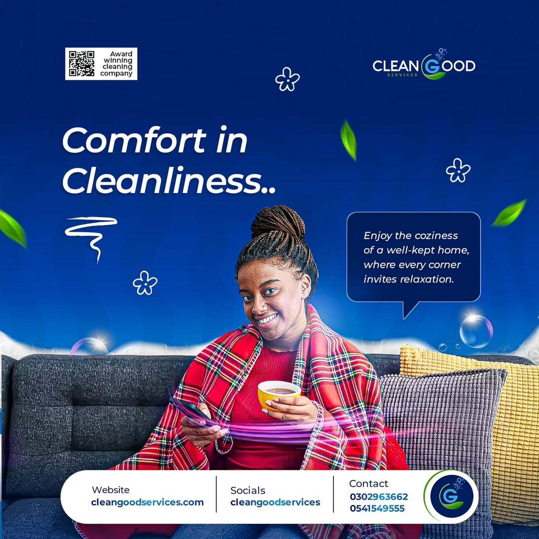 A relaxed woman wrapped in a red plaid blanket sits on a modern couch, sipping from a yellow mug while using her phone. Background includes floating icons and text that reads: “Comfort in Cleanliness. Enjoy the coziness of a well-kept home, where every corner invites relaxation.” Contact and social info for Clean Good Services appears below.