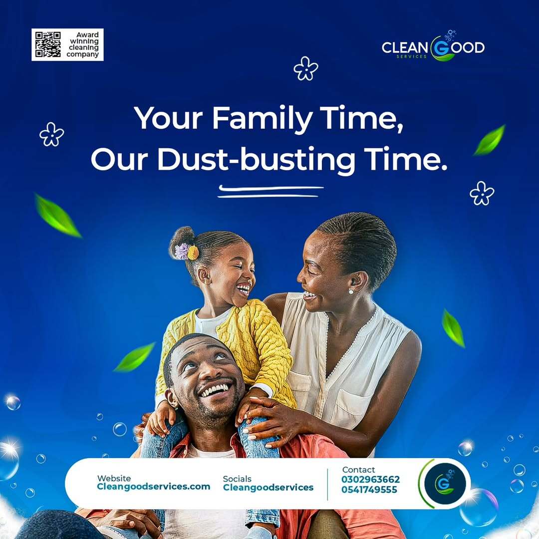 A joyful family of three—mother, father, and daughter—share a happy moment together. The background is a clean blue gradient with floating green leaves and sparkles. Headline reads: “Your Family Time, Our Dust-busting Time.” Clean Good Services contact details and website are displayed at the bottom.