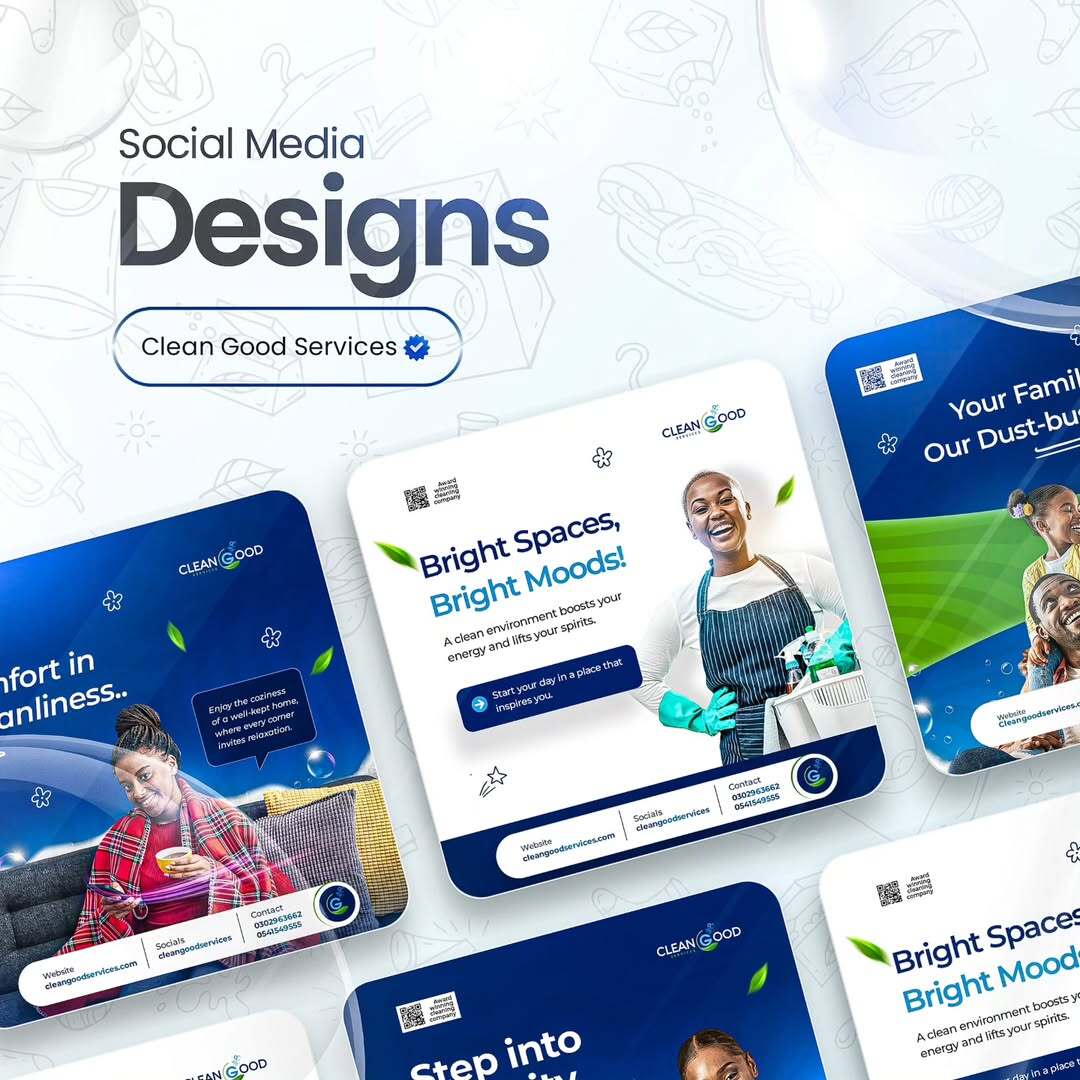 A collage of five square social media designs for Clean Good Services, showcasing vibrant visuals, friendly cleaning staff, motivational headlines, and strong branding. Text reads “Social Media Designs – Clean Good Services” on a light background with line art illustrations.