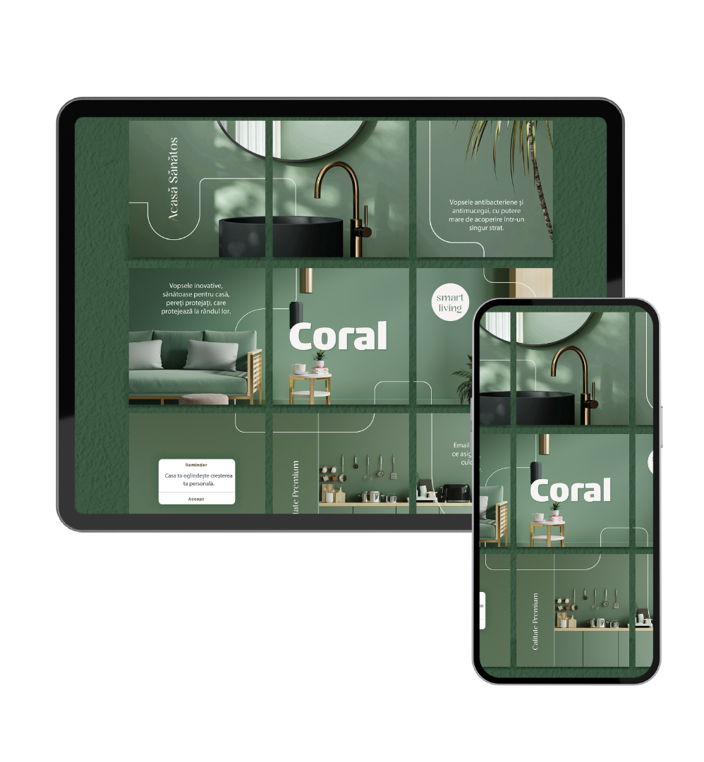 UI design screenshot for Coral Design Studio interior branding