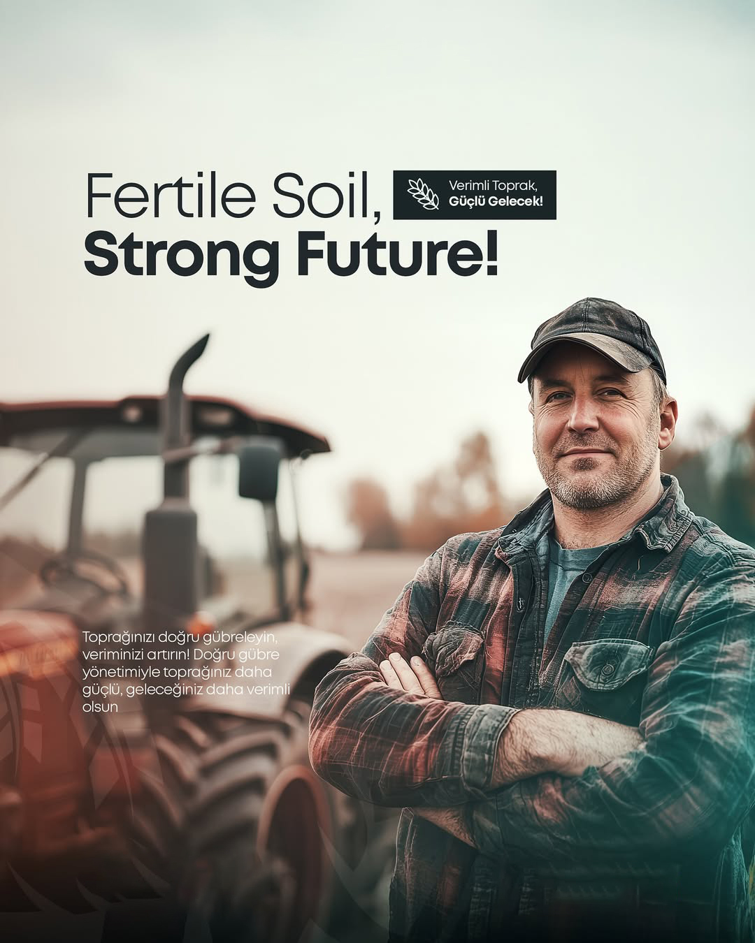 A middle-aged farmer in a plaid shirt and cap stands confidently in front of a tractor. The headline reads 'Fertile Soil, Strong Future,' encouraging sustainable farming and soil nutrition. The visual has warm tones and a soft background to evoke trust and resilience.