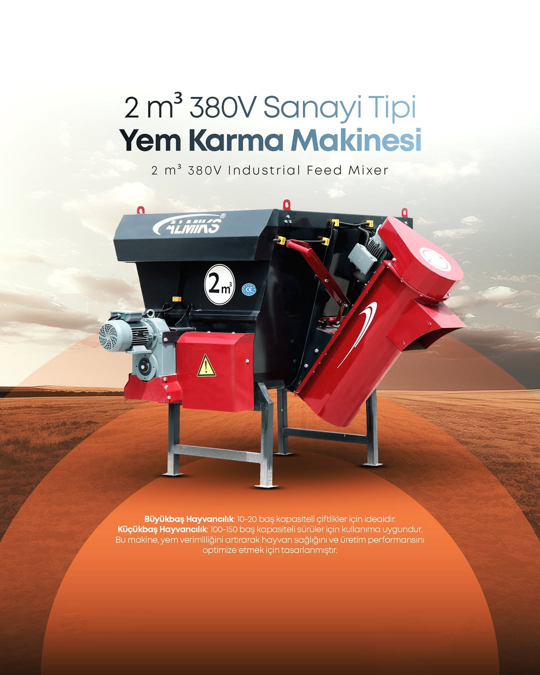 Promotional image of a 2 m³ industrial feed mixer in red and black. Text highlights Turkish and English specifications, emphasizing the machine’s use for livestock efficiency. Set against a clean background with an orange ground to showcase the product prominently.