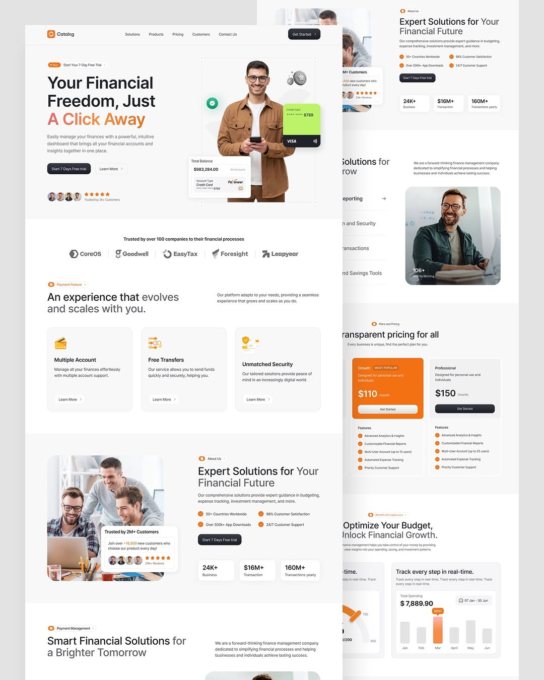 A full-page scrollable web mockup for Catalog Financial Services. The layout shows key sections like financial freedom messaging, trust badges from clients, pricing plans, real-time dashboards, and smart money features. The brand uses clean UI and orange accents for hierarchy.