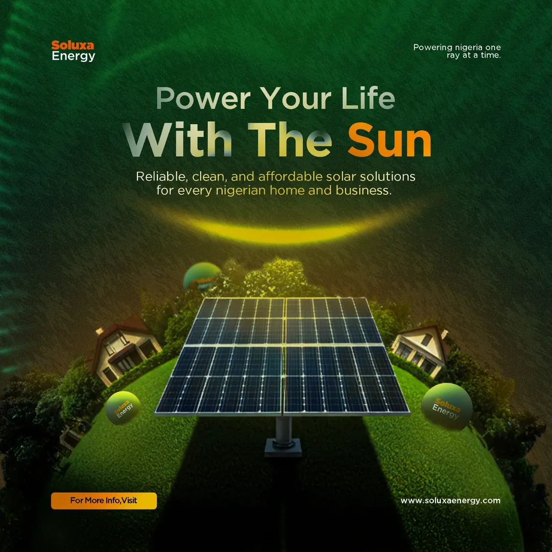 Futuristic solar-themed graphic showing a large solar panel at the center of a glowing grassy dome, surrounded by small houses and energy spheres. The sky features a stylized sunbeam. The headline reads: 'Power Your Life With The Sun' with a subtext about reliable, clean, and affordable solar solutions for Nigerian homes and businesses.