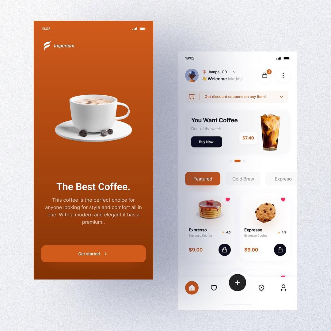 Mobile UI screens of Imperium Coffee app