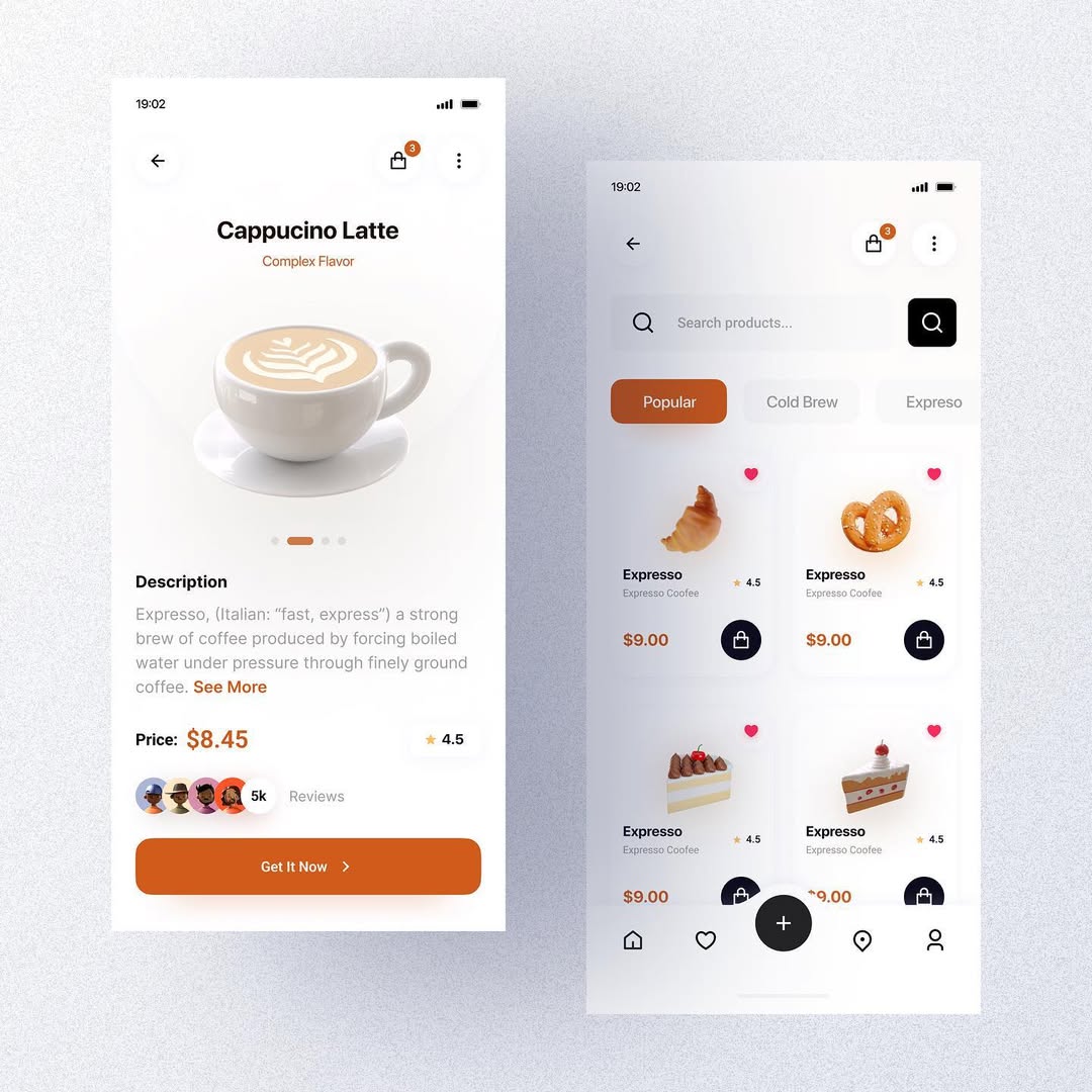 Two app screens showing a product detail page for Cappuccino Latte with price, description, reviews, and a 'Get it Now' button. The second screen displays the product feed filtered by 'Popular' with items like espresso, croissants, and cakes.