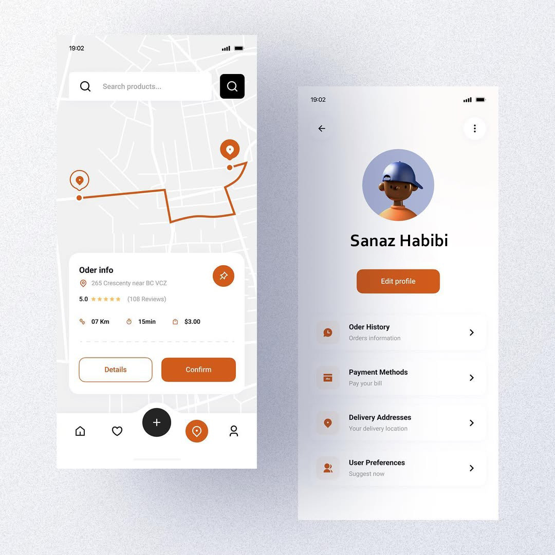 Mobile UI screens showing a delivery route on a map with order details, and a profile page for the user Sanaz Habibi with sections for order history, payment methods, addresses, and preferences.