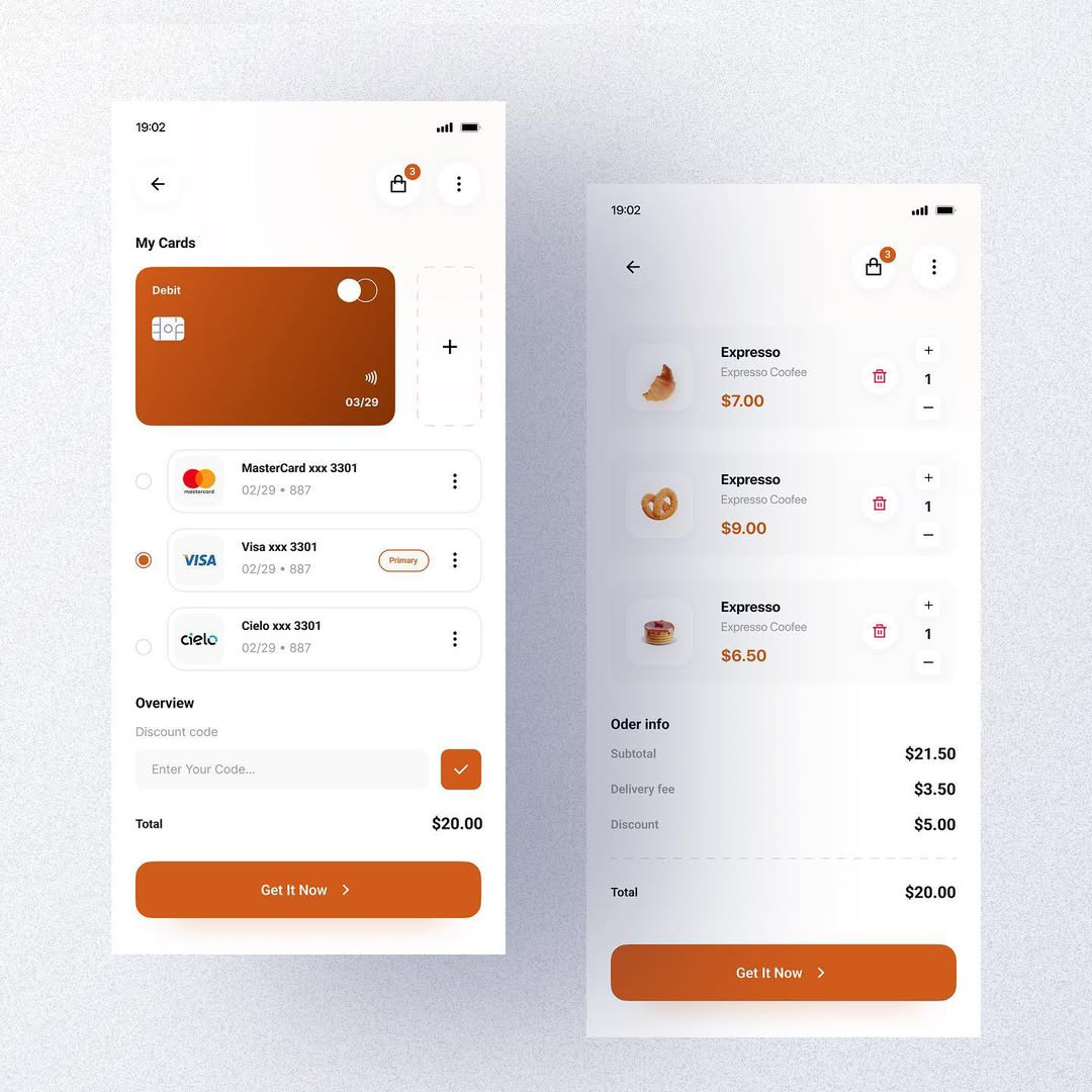 Checkout and payment UI for Imperium Coffee. Left shows a list of saved cards and a $20 total. Right shows a cart with multiple espresso items, delivery fee, discount, and final price breakdown with a 'Get it Now' button.