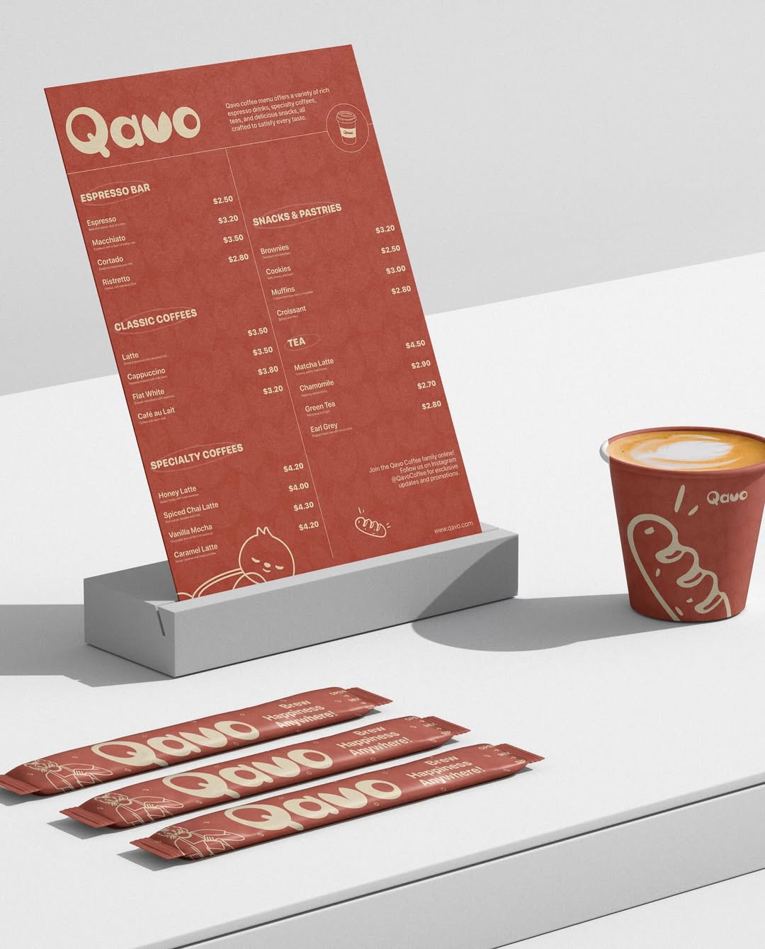 Qavo café menu design with matching takeaway coffee cup and sugar packets

                      