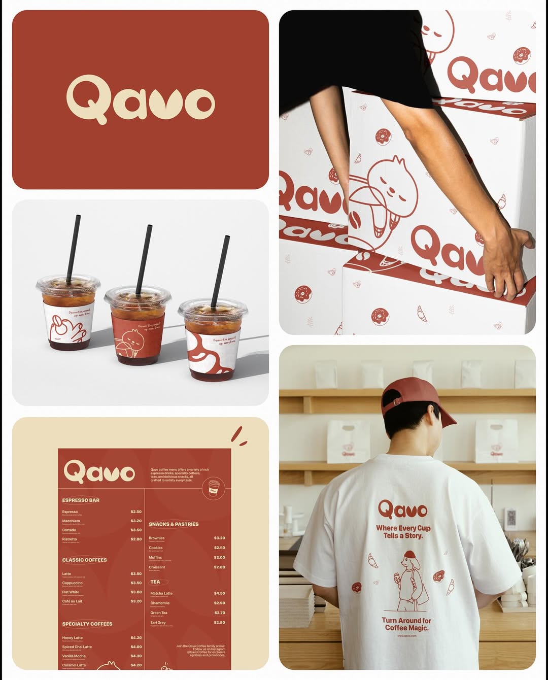 Qavo brand identity collage featuring logo, iced coffee cups, packaging, and merchandise