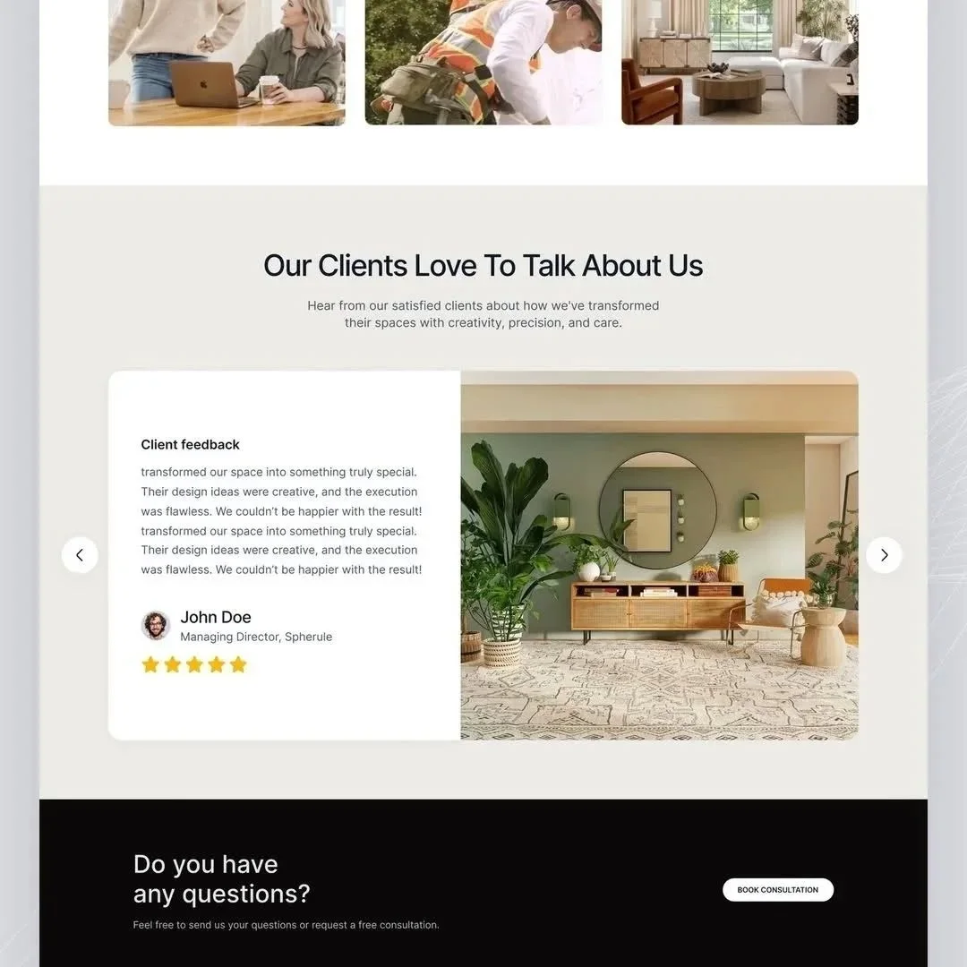 Interior design client testimonial with living room decor and feedback carousel