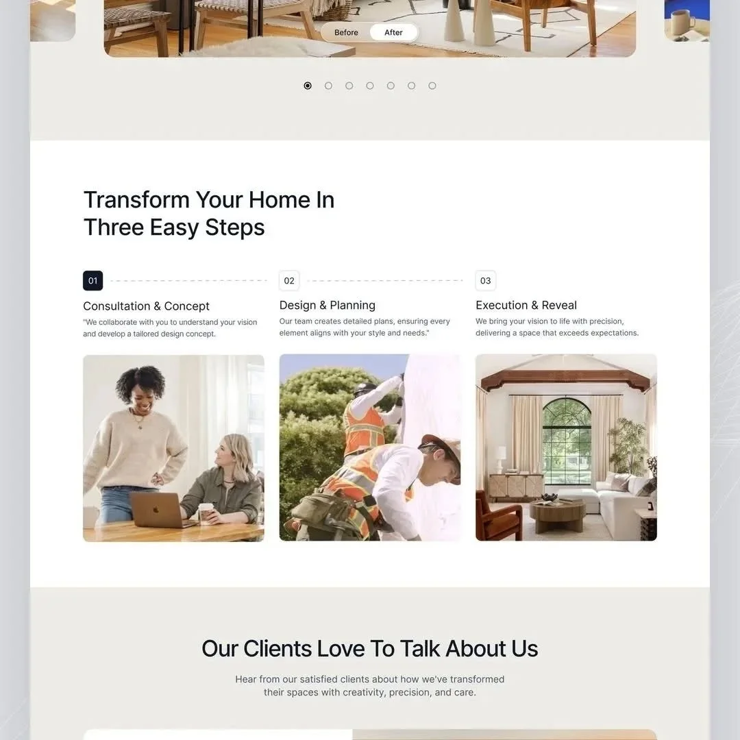 Three-step process section showing consultation, planning, and reveal phases of interior design