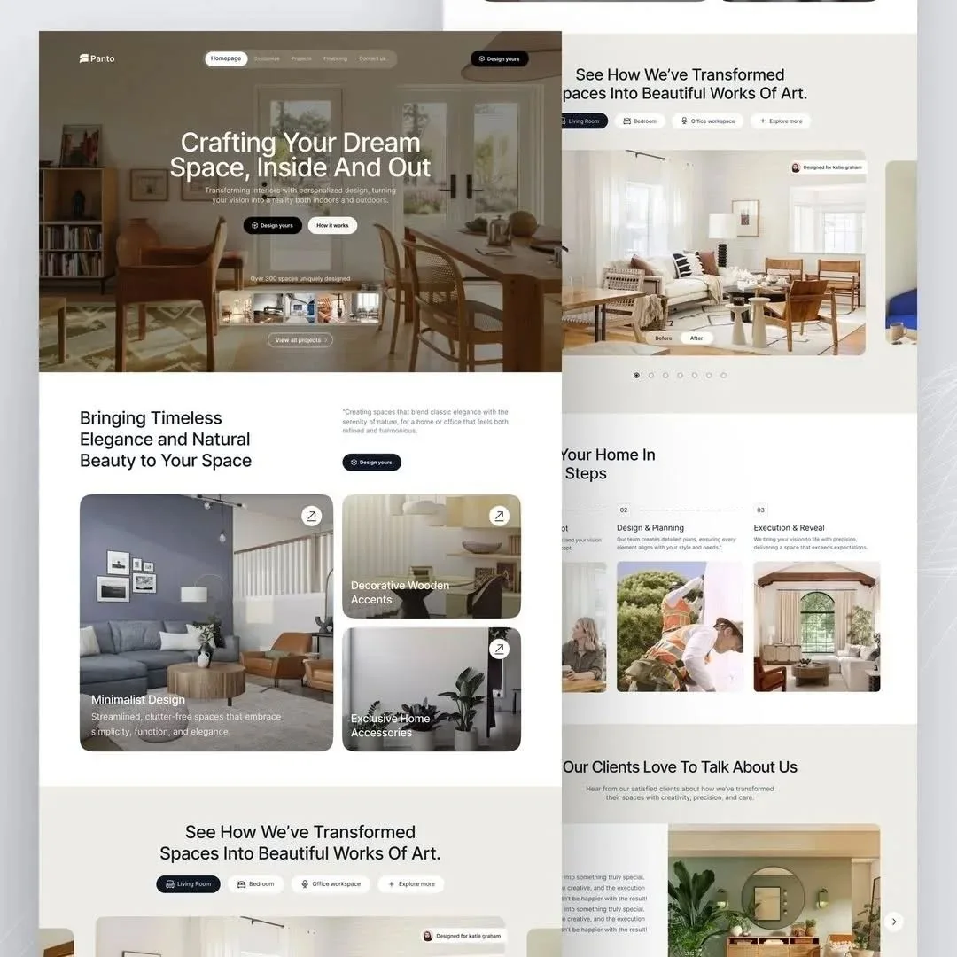 Full-page overview of luxury interior design site with elegant structure and content sections