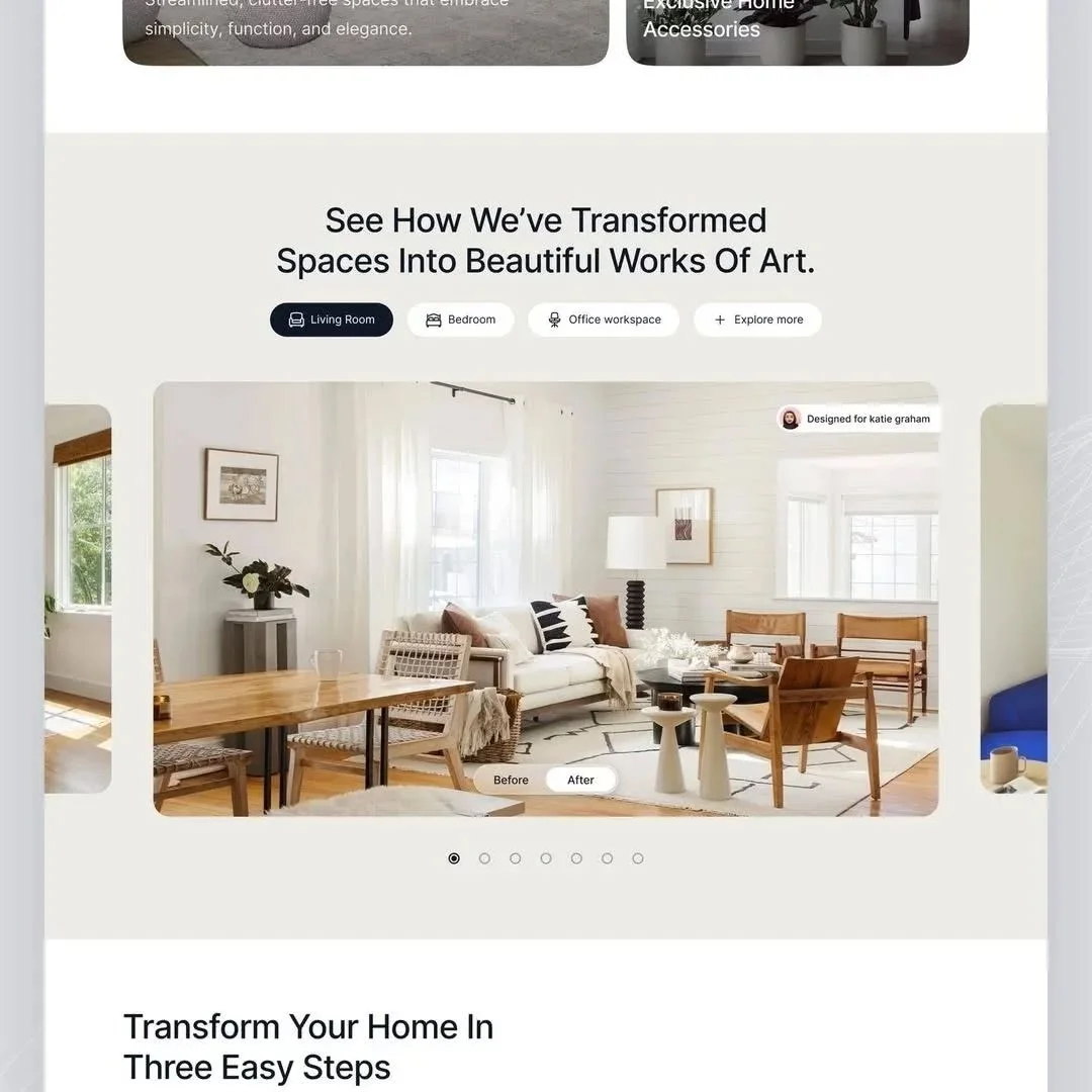 Before and after transformation of a modern living room featured on design website