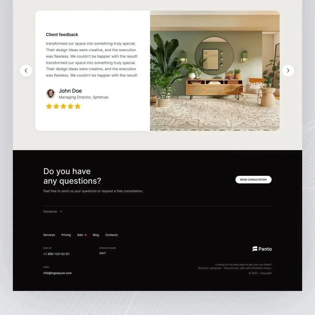 Website footer with consultation call-to-action and repeated client testimonial layout